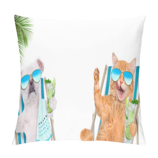 Personality  Cat And Dog Relaxing Sitting On Deckchair With Cocktail . Pillow Covers