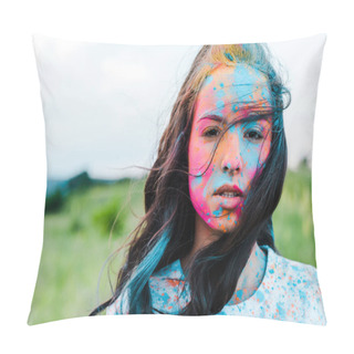 Personality  Attractive Young Woman With Colorful Holi Paints Looking At Camera  Pillow Covers