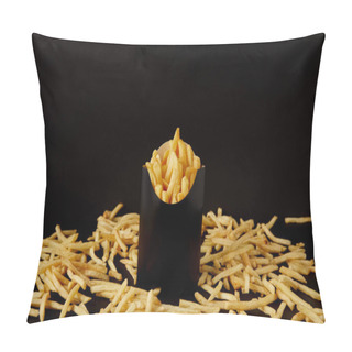 Personality  Close-up Shot Of Tasty French Fries In Black Box Surrounded With Messy Fries On Tabletop Isolated On Black Pillow Covers
