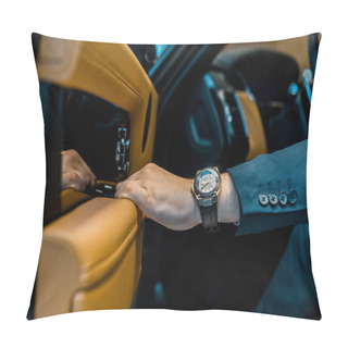 Personality  Cropped Image Of Businessman With Luxury Watch Closing Door While Sitting In Car Pillow Covers