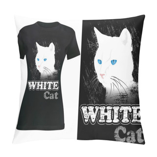 Personality  Women Black T-shirt Design With White Cat Pillow Covers