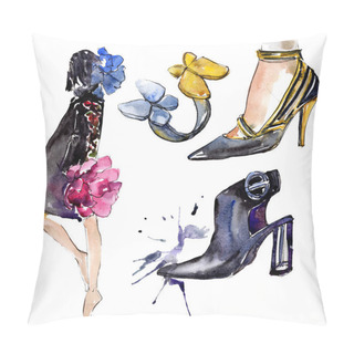 Personality  Woman, Ring And Shoes Sketch Fashion Glamour Illustration In A Watercolor Style Isolated Element. Clothes Accessories Set Trendy Vogue Outfit. Watercolour Background Illustration Set. Pillow Covers