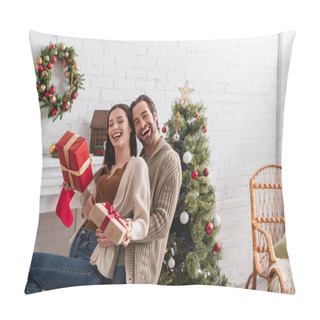 Personality  Excited Couple With Gift Boxes Laughing In Living Room With Christmas Decoration Pillow Covers
