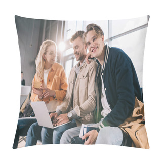 Personality  Happy Friends With Credit Card And Documents Using Laptop In Airport Terminal Pillow Covers
