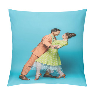 Personality  Side View Of Stylish Dancers Dancing Boogie-woogie On Blue Background Pillow Covers