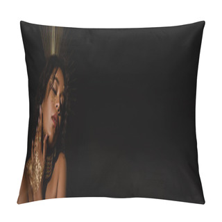 Personality  Confident African American Woman With Golden Crown And Paint On Cheeks Posing Isolated On Black, Banner Pillow Covers