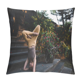 Personality  Young Ethnic Female Practising Yoga Headstand With Legs Crossed On Wide Stairs Among Beautiful Exotic Greenery At Sundown In Bali Pillow Covers