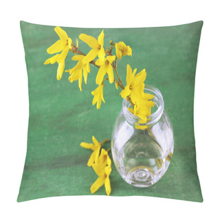 Personality  Beautiful Forsythia Blossom In Transparent Jar On Old Wooden Background Pillow Covers