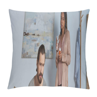 Personality  African American Woman Holding Pills And Glass Of Water, Looking At Stressed Man, Abortion, Banner Pillow Covers