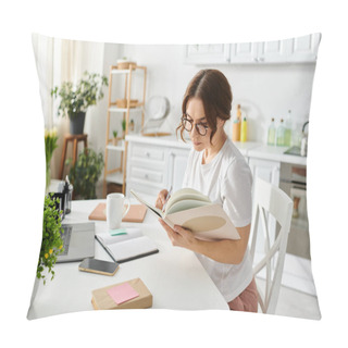 Personality  Middle-aged Woman Peacefully Immersed In Book At Table. Pillow Covers