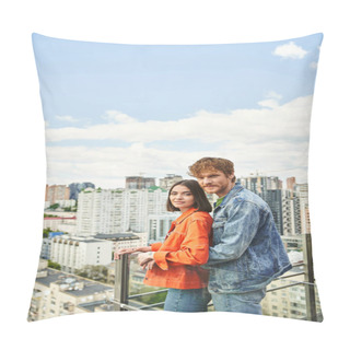 Personality  A Man And Woman Embrace While Standing On The Edge Of A Tall Building, Overlooking The City Below With A Sense Of Freedom And Connection Pillow Covers