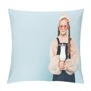 Personality  Cheerful Girl In Sunglasses Holding Glass With Milkshake Isolated On Blue Pillow Covers