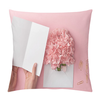 Personality  Cropped Shot Of Woman Holding Blank Card And Pink Flowers In Envelope Isolated On Pink Pillow Covers