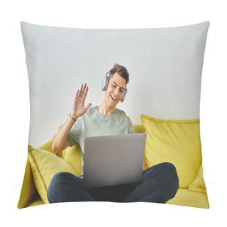 Personality  Handsome Young Man With Headphones And Laptop In Yellow Couch Saying Hello To Online Meeting Pillow Covers