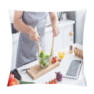 Personality  Cropped Shot Of Man In Apron Cooking Vegetable Salad And Using Laptop Pillow Covers