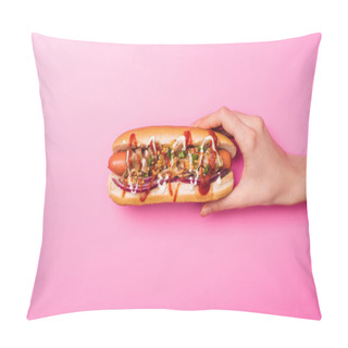 Personality  Partial View Of Woman Holding One Tasty Hot Dog On Pink Pillow Covers