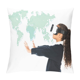 Personality  African American Schoolgirl With Outstretched Hands Using Virtual Reality Headset Isolated On White, Global Map Illustration Pillow Covers