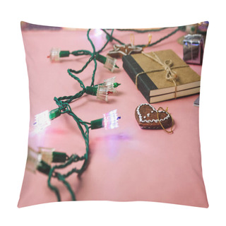 Personality  Old Retro Vintage Green LED Garland Lights For Christmas Tree. New Year Decor Details. Festive Decoration Isolated On Pink Background. Holiday Party Fiesta. Merry Christmas. Presents, Gift For A Woman Pillow Covers