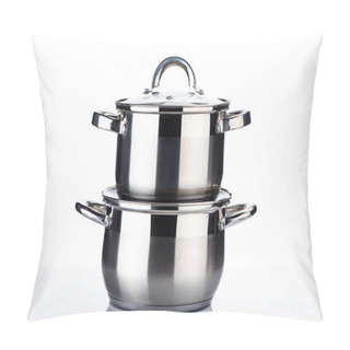 Personality  Close-up View Of Shiny Stainless Steel Pans On White  Pillow Covers
