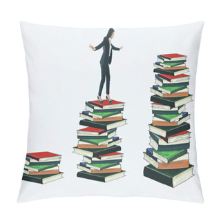 Personality  Businesswoman Balancing On Drawn Book Stacks. White Background. Education And Knowledge Concept Pillow Covers