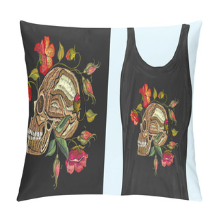 Personality  Gothic Romantic Embroidery Human Skulls Red Roses And Peonies Pillow Covers