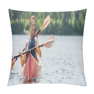 Personality  Young And Sportive Redhead Man In Life Vest Looking Away While Holding Paddle And Sailing On Kayak With African American Woman On River In Summer, Banner Pillow Covers