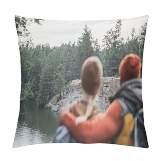 Personality  Back View Of Blurred Man Hugging Woman Near Lake Pillow Covers