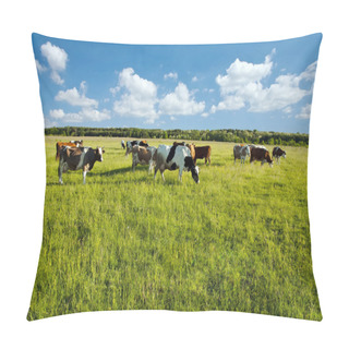 Personality  Cows Grazing In Green Meadow Pillow Covers