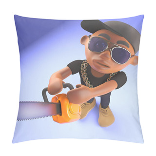 Personality  Baseball Cap Wearing Hiphop Rapper Using A Chainsaw, 3d Illustration Pillow Covers