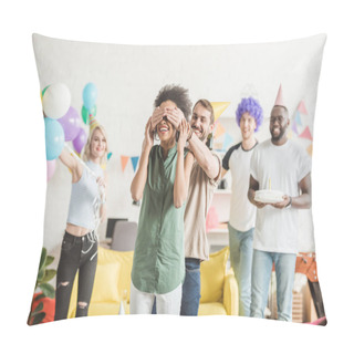 Personality  Happy Friends Covering Eyes Of Young Woman And Greeting Her With Birthday Cake  On Surprise Party Pillow Covers