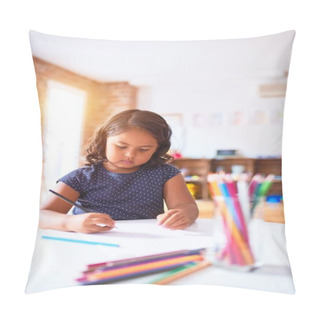 Personality  Beautiful Toddler Girl Drawing Cute Draw Using Colored Pencils At Kindergarten Pillow Covers