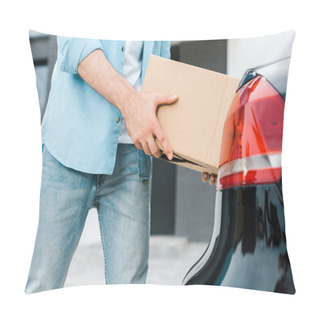 Personality  Cropped View Of Man Putting Carton Box In Modern Car  Pillow Covers