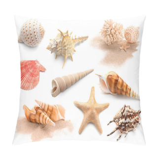 Personality  Different Seashells With Starfishes And Coral On White Background Pillow Covers
