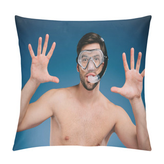 Personality  Cheerful Young Man In Snorkel And Diving Mask Gesturing With Hands And Looking At Camera On Blue Pillow Covers