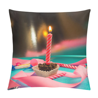 Personality  Candle On Birthday Burning In The Background Other Candles, Pink Ribbons, Festive Atmosphere Pillow Covers