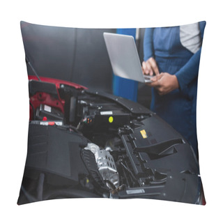 Personality  Partial View Of Blurred African American Mechanic With Laptop Near Car Engine Compartment  Pillow Covers