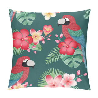 Personality  Watercolor Illustrations Of Parrots, Tropical Flowers And Leaves. Seamless Tropical Pattern Pillow Covers