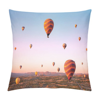 Personality  Top View To Colorful Hot Air Balloons Flying Over Valleys And Fields During Sunrise. Turkey, Cappadocia. Pillow Covers