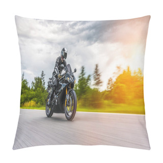 Personality  Motorbike On The Road Riding. Having Fun Driving The Empty Road On A Motorcycle Tour Journey. Copyspace For Your Individual Text. Pillow Covers
