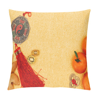 Personality  Top View Of Chinese Talismans With Tangerines And Fortune Cookies On Golden Surface, Chinese New Year Concept Pillow Covers
