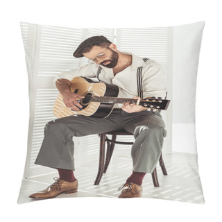 Personality  Handsome Bearded Musician In Cap Sitting On Chair And Playing Acoustic Guitar  Pillow Covers