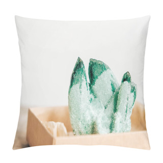 Personality  Raw Emerald And Gemstone Rough Rock Crystal In A Kraft Paper Box On Wooden Background. Copy, Empty Space For Text. Pillow Covers