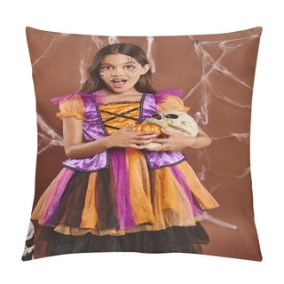Personality  Amazed Girl In Halloween Costume Holding Pumpkins And Skull On Brown Backdrop, Spooky Season Pillow Covers