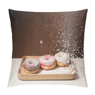 Personality  Sweet Donuts With Sifting Sugar Powder On Wooden Cutting Board Pillow Covers