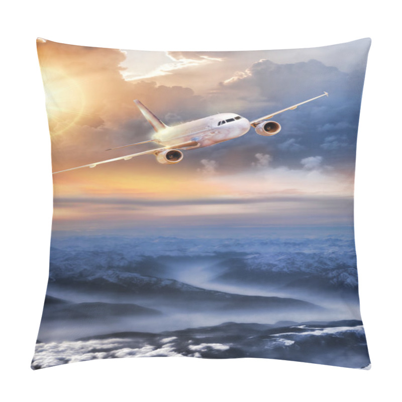 Personality  Airplane In The Sky Over Winter Alps At Amazing Colorful Sunset Pillow Covers