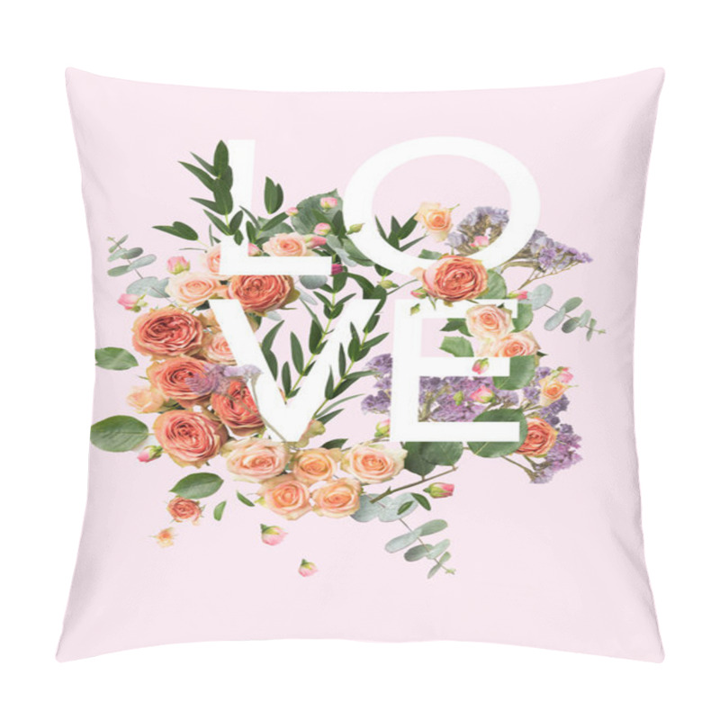 Personality  Creative Collage With Floral Wreath And Leaves On Pink With LOVE Sign Pillow Covers