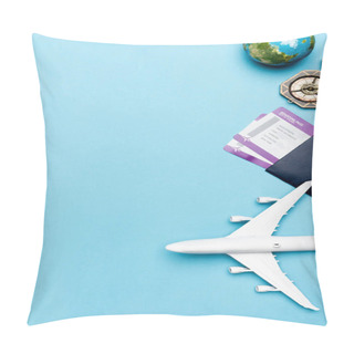 Personality  Top View Of White Plane Model, Compass, Globe And Tickets On Blue Background Pillow Covers