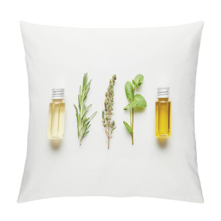 Personality  Top View Of Essential Oil, Rosemary, Thyme And Mint On White Background Pillow Covers