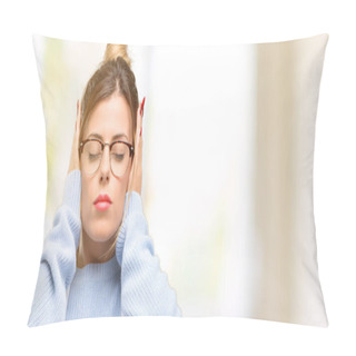 Personality  Young Woman Shop Owner, Wearing Apron Covering Ears Ignoring Annoying Loud Noise, Plugs Ears To Avoid Hearing Sound. Noisy Music Is A Problem. Pillow Covers