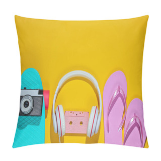 Personality  Hipster Outfit. Skateboard, Audio Cassette, Headphones, Flip Flop, Retro Camera On Yellow Background. Creative Fashion Minimalism. Trendy Retro 80s Style. Minimal Summer Fun. Music Concept. Top View Pillow Covers
